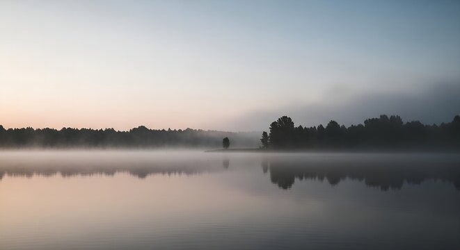Misty lake at dawn tranquil water reflecting the trees a serene landscape for nature lovers