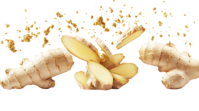 Fresh ginger root pieces flying isolated on transparent background