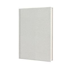 A blank white book with a textured cover stands upright isolated on transparent background