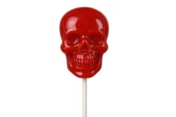 Red skull lollipop on a stick for halloween spooky candy treat and dark humor concept on transparent background