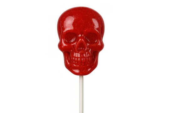Red skull lollipop on a stick for halloween spooky candy treat and dark humor concept on transparent background - Powered by Adobe