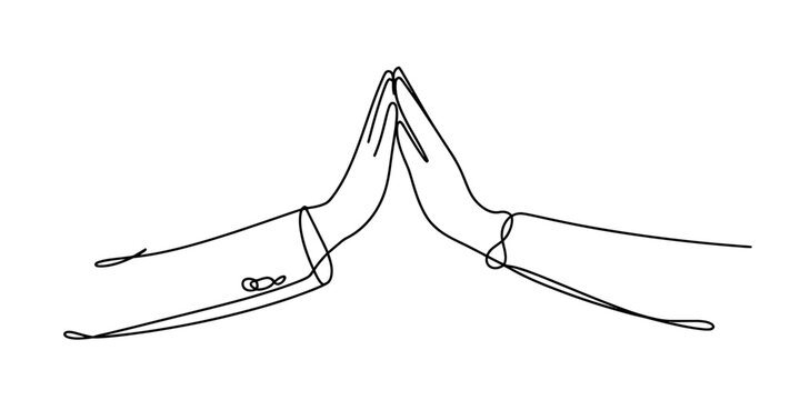 Minimalist continuous line art drawing of two hands pressed together in a prayer or namaste gesture, symbolizing peace, spirituality, and respect.