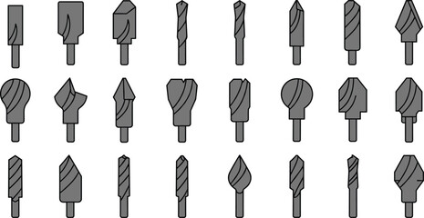 Collection of gray drill bits and cutting tools with black outlines on white background