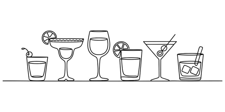Continuous line drawing of various cocktail glasses and drinks with garnishes, ideal for beverage menus, party invitations, and liquor store promotions.