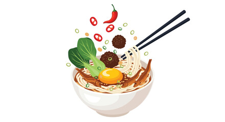 Delicious Asian Noodles Bowl with Fresh Ingredients and Chopsticks.