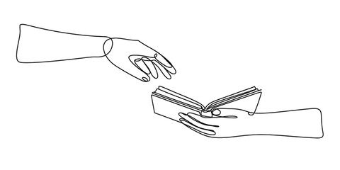 Continuous line drawing of hands holding and reaching for an open book, symbolizing shared knowledge, education, and literacy concept.