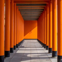 Fototapeta premium A linear perspective view through a covered walkway, painted in vivid orange. Shadows dance across the concrete floor