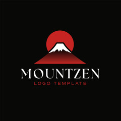 Stylized mountain peak logo with a bold red sun and smooth gradient, creating a clean and modern visual for nature, travel, or zen branding concepts. Editable Vector File
