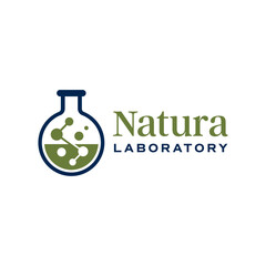 Modern laboratory flask logo featuring green liquid and connected molecule elements, symbolizing science, nature, and innovation for research or eco-tech branding. Editable Vector File
