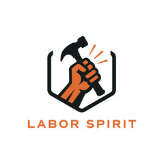 Bold worker hand holding a hammer inside a shield shape, symbolizing strength, craftsmanship, and hard work. Ideal for construction, labor, or workshop branding. Editable Vector File
