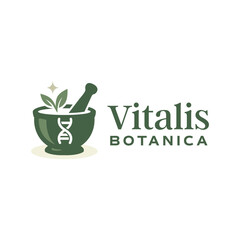 Herbal mortar and pestle logo featuring green leaves, a DNA symbol, and clean modern styling to represent natural science, wellness, and botanical research. Editable Vector File
