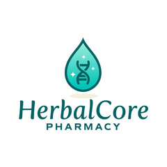 Modern herbal logo featuring a green gradient droplet with a DNA symbol and sparkling accents, representing natural science, wellness, and botanical innovation. Editable Vector File
