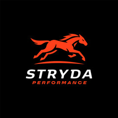 Powerful running horse logo in bold orange silhouette, symbolizing speed, strength, and high performance with clean modern styling for sports or fitness branding. Editable Vector File
