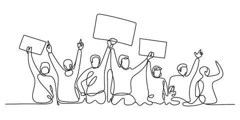 Continuous line art drawing of a protesting crowd holding up blank signs, symbolizing unity, activism, and public demonstration on white. © Single Line Art