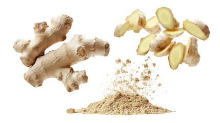 Fresh ginger root slices and powder isolated on transparent background