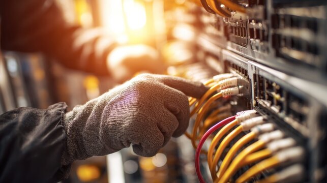 A technician connects cables in a server, highlighting the intricate work involved in managing network infrastructure. - Powered by Adobe