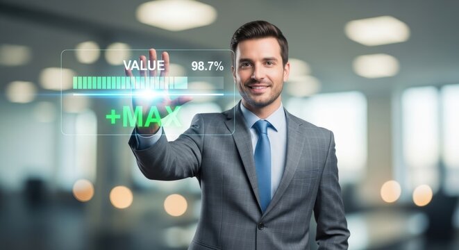 Businessman touching a futuristic interface with value growth and max potential, financial technology concept - Powered by Adobe