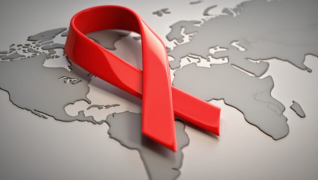A prominent red ribbon symbolizing aids awareness rests on a stylized world map representing the global fight against hiv and the importance of solidarity and support