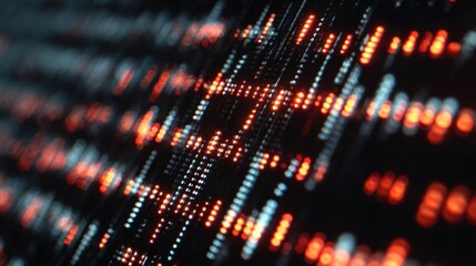 A close-up view of a digital display, featuring vibrant patterns of red and blue lights, suggesting data visualization or electronic signals.
