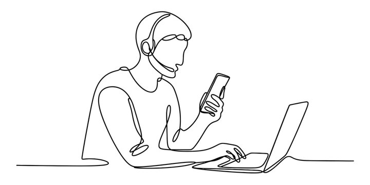 Continuous line drawing of a customer support agent wearing a headset, holding a phone, and working on a laptop, providing online assistance.