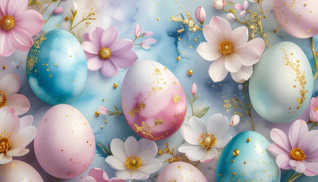 colorful easter eggs with spring flowers background