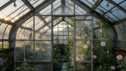 Sunlight streams through a victorian greenhouse filled with lush greenery and delicate pink roses
