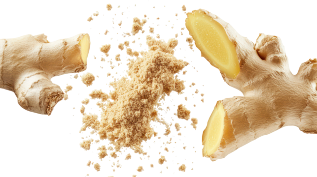 Fresh ginger root and powder exploding isolated on transparent background