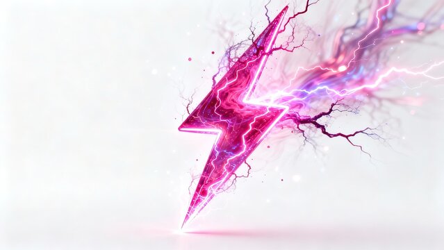 A vibrant pink lightning bolt with electric energy trails against a soft white background