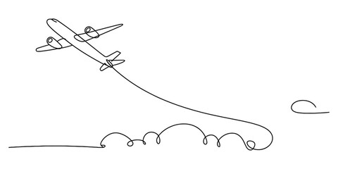 Continuous line drawing of a passenger airplane in flight, depicting travel, adventure, and global journey, minimalist vector art style © Single Line Art