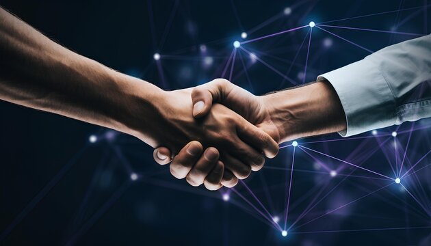 Handshake between two businessmen on a dark digital network background, symbolizing partnership, agreement, teamwork, and modern corporate connection. Ideal for business and technology - Powered by Adobe