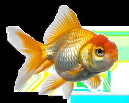 A vibrant orange and white goldfish with flowing fins swims gracefully against a dark background