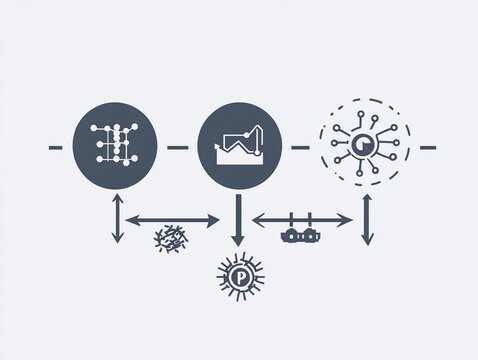 A minimalist infographic illustrates the basic machine learning cycle, featuring three unique stages, using simple icons to represent data input, analytical models, and final output generation.