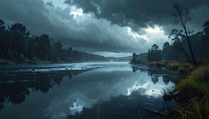 A moody, overcast landscape with a calm river reflecting a stormy sky. Forest edges the water