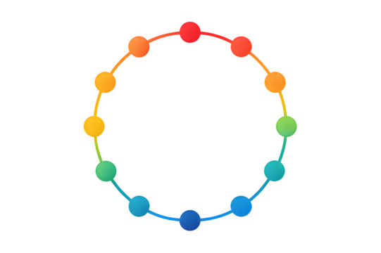 Circular Network Infographic — Vibrant Gradient Nodes and Arcs (Transparent PNG)