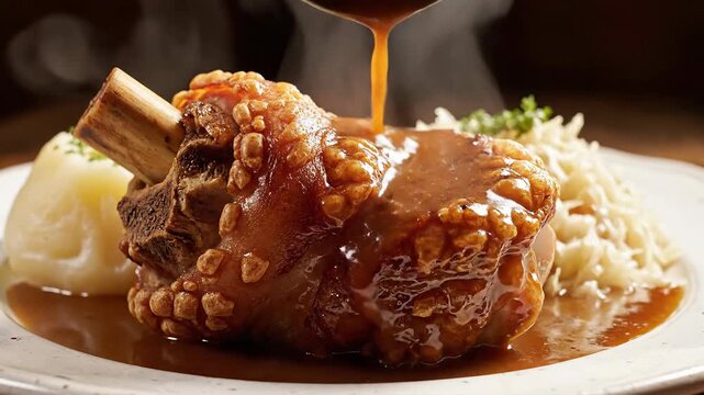 Delicious Roasted Pork Knuckle with Gravy, Potatoes, and Sauerkraut Presentation