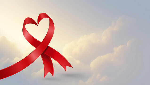 A vibrant red ribbon elegantly shaped into a heart symbol against a soft ethereal background of clouds and light representing love hope and awareness for health causes