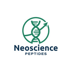 Modern DNA helix with upward arrow inside a circular frame, symbolizing science, research, and growth. Ideal for biotech, medical, and laboratory branding. Editable Vector File
