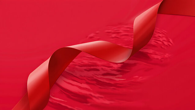 A vibrant red ribbon gracefully unfurls and splashes into a pool of rich red liquid creating a dynamic and abstract visual with flowing textures and energetic movement