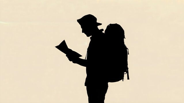 Silhouette of a traveler wearing a hat and backpack studying a map against a soft neutral background