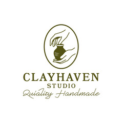 Elegant hands shaping a clay pot inside an oval frame, symbolizing artisanal craftsmanship and handmade quality. Ideal for pottery, studio, and craft branding. Editable Vector File
