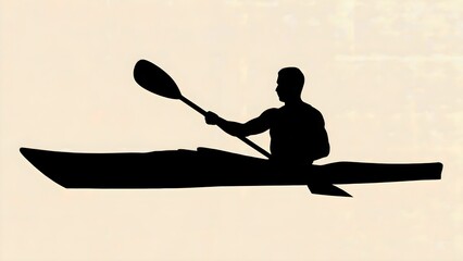 Silhouette of a solitary kayaker paddling across a calm body of water under a bright sky