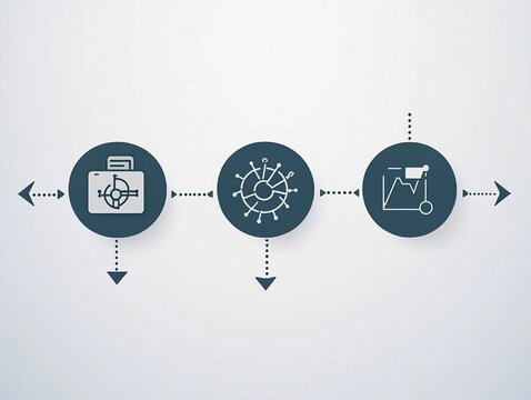 A minimalist infographic illustrates the basic machine learning cycle, featuring three unique stages, using simple icons to represent data input, analytical models, and final output generation.