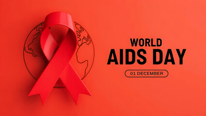 World aids day awareness graphic featuring a prominent red ribbon symbolizing support and solidarity against hiv aids with a subtle globe outline and december 1st date