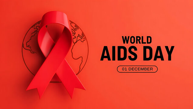 World aids day awareness graphic featuring a prominent red ribbon symbolizing support and solidarity against hiv aids with a subtle globe outline and december 1st date