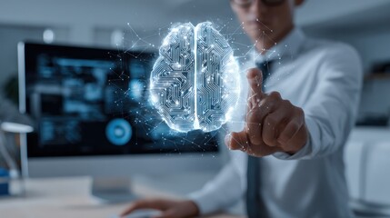 A professional manipulating a digital brain hologram, symbolizing artificial intelligence and technology in a modern workspace.