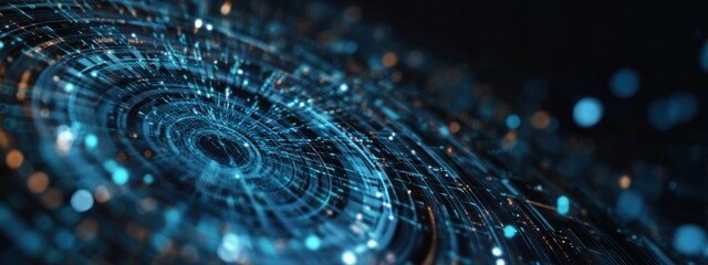 A mesmerizing spiral of blue lights and digital patterns, evoking a sense of depth and motion in a futuristic space.