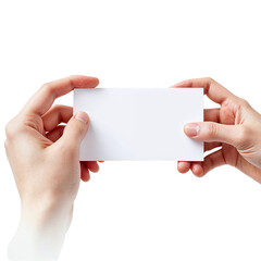 Two hands holding a blank white business card horizontally isolated on transparent background