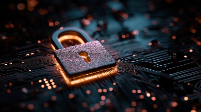 A close-up image of a padlock resting on a circuit board, symbolizing cybersecurity and digital protection in a high-tech environment.