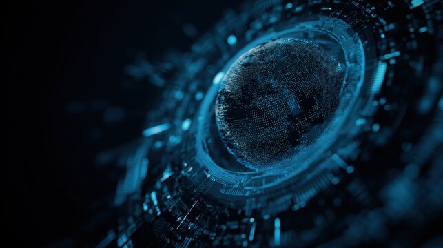 A futuristic digital representation of a globe, surrounded by intricate patterns and glowing blue elements, suggesting advanced technology and connectivity.