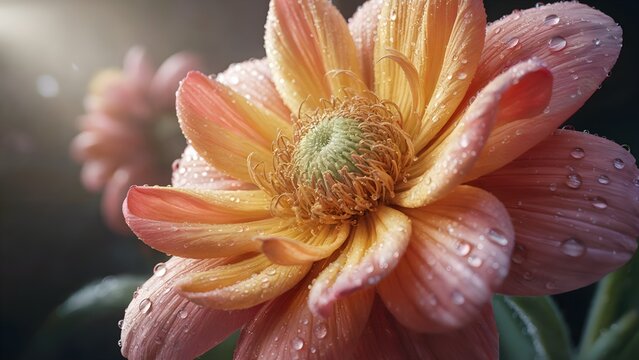 Vibrant peach and pink dahlia flower with dewdrops illuminated by soft morning sunlight